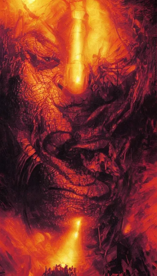 Image similar to thanos face close up on the apocalypse now poster, red sunset, snake river in the jungle, black helicopters, air brush, oil paint, radiant light, caustics, heroic, bright iridescent light, by gaston bussiere, by bayard wu, by greg rutkowski, by maxim verehin