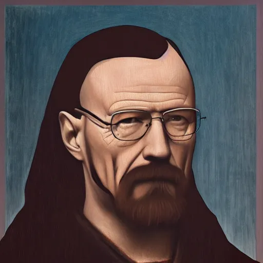 Prompt: a portrait painting of Walter White in style of Mona Lisa, low contrast