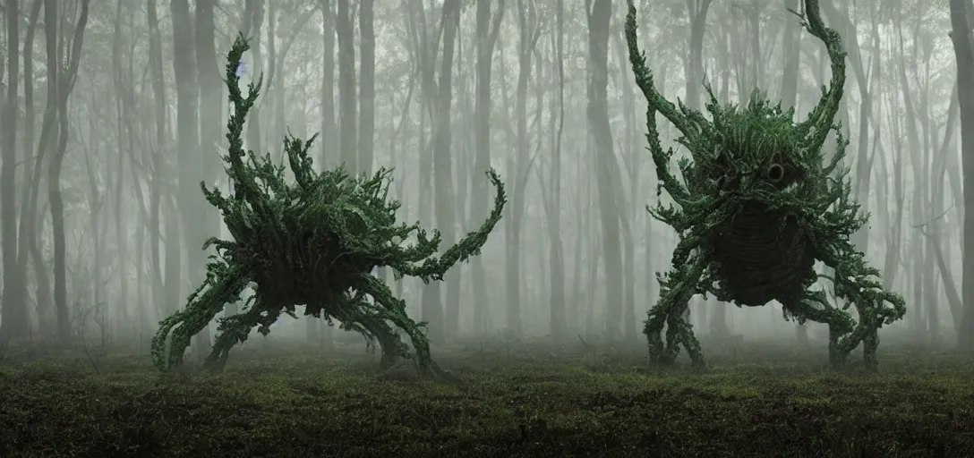 Prompt: a complex organic fractal 3 d metallic symbiotic ceramic humanoid megastructure eldritch horror creature in a swampy lush forest, foggy, cinematic shot, photo still from movie by denis villeneuve