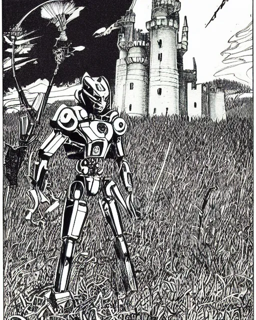 Prompt: an illustration of the autobot bumblebee,, full body, standing in a field, castle in the background, pen-and-ink illustration, etching, by Russ Nicholson, DAvid A Trampier, larry elmore, 1981, HQ scan, intricate details