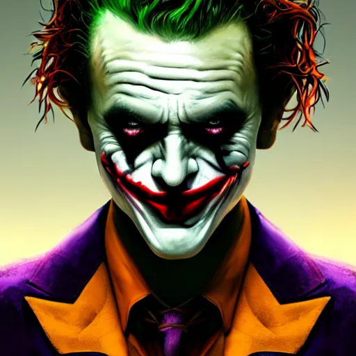 Image similar to The Joker from the suicide quad, full body shot, fantasy, medieval, vivid colors, elegant, concept art, sharp focus, beautiful face, digital art, Hyper-realistic, 4K, Unreal Engine, Highly Detailed, HD, Dramatic Lighting by Brom, trending on Artstation