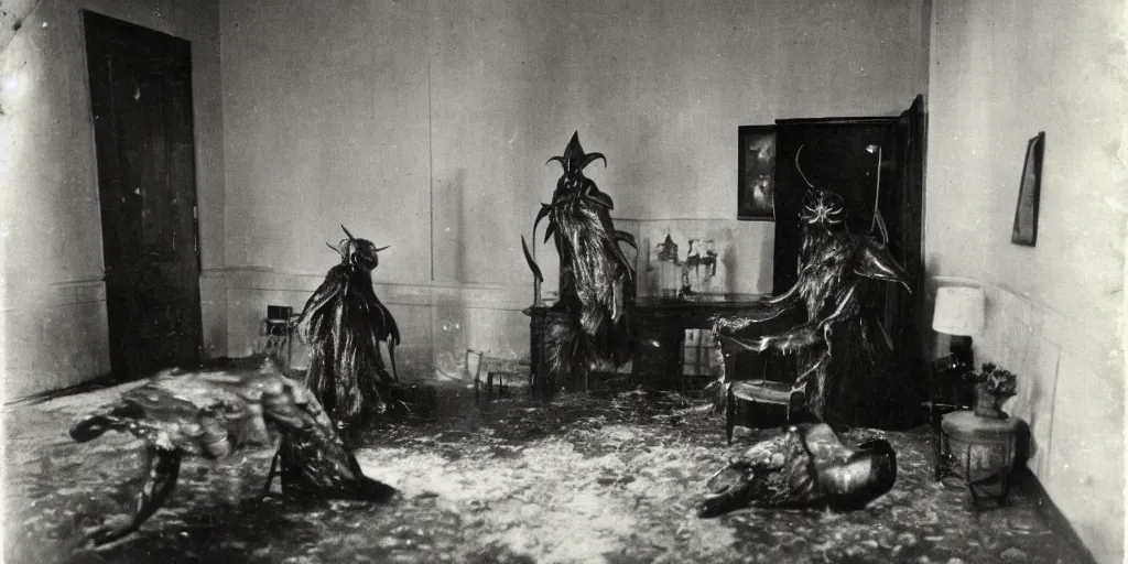 Prompt: the evil mothman is sitting inside the room, wet version of photography, 1 9 0 0 s