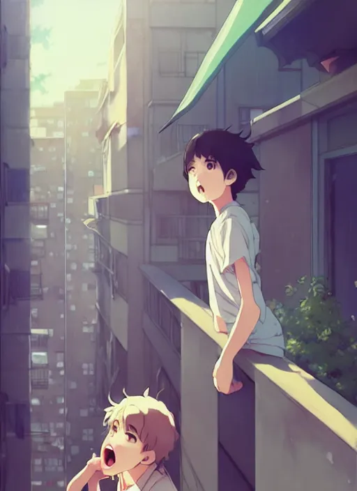 Image similar to boy shouting at the girl above on the balcony, illustration concept art anime key visual trending pixiv fanbox by wlop and greg rutkowski and makoto shinkai and studio ghibli