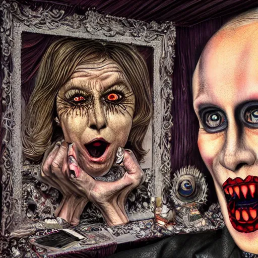 Image similar to putin in drag scariest horror nightmare by junji ito, digital art, deepdream cosmic, 3 d high definition, trending on artstation, photorealistic, high resolution, 8 k, octane, hyper detailed, trending on deviantart insane details, intricate, elite, ornate, elegant trend, highly detailed and intricate, sharp focus, photography, unreal engine