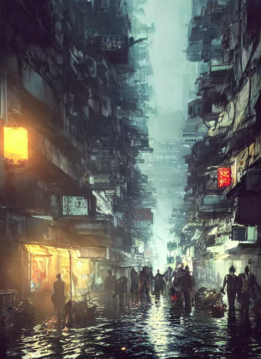 Prompt: dramatic Photorealistic, Matte Painting of a busy post apocalyptic deep flooded Hong Kong city street at night,dark Tall buildings by Greg Rutkowski,Craig Mullins,Hyperrealism,Beautiful dramatic moody lighting,Cinematic Atmosphere,volumetric,Octane Rendering,8K