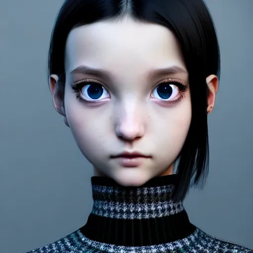 Image similar to beautifully pretty stoner girl, 2 2 years old, black sweater, grey checkered skirt, very cute features, glittery short black hair, blue eyes, universal volumetric lighting, soft glow, by range murata, highly detailed intricately sharp focus, trending on pinterest, unreal engine 5 4 k uhd image