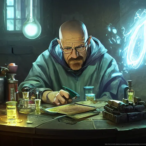 Image similar to portrait of walter white as an alchemist making potions, alchemy, league of legends amazing splashscreen artwork, dungeons and dragons, splash art, natural light, elegant, photorealistic facial features, intricate, fantasy, detailed face, atmospheric lighting, anamorphic lens flare, cinematic lighting, league of legends splash art, hd wallpaper, ultra high details by greg rutkowski