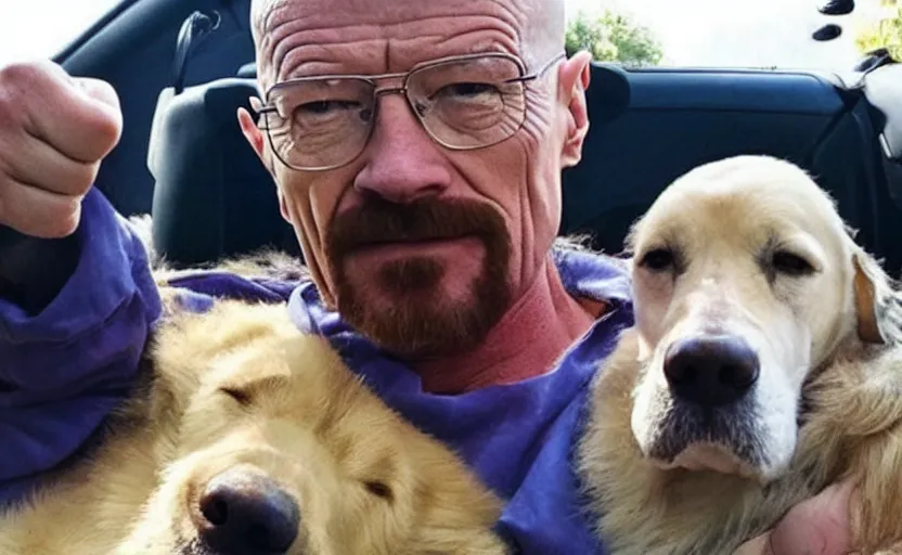 Prompt: walter white giving a thumbs up next to his dog, photo, selfie, trending, wholesome, supportive,
