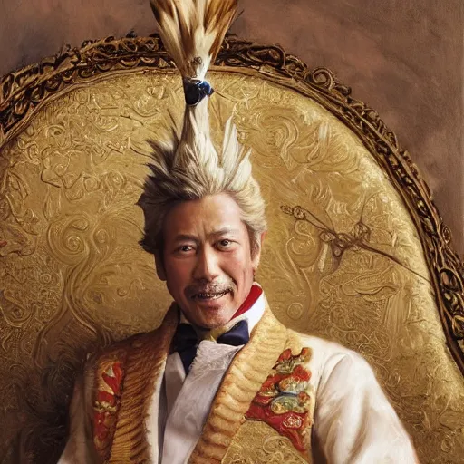 Prompt: portrait of the man chicken emperor of japan dressed as a chicken, sitting on his throne at his palace, highly detailed painting by gaston bussiere, craig mullins, j. c. leyendecker 8 k