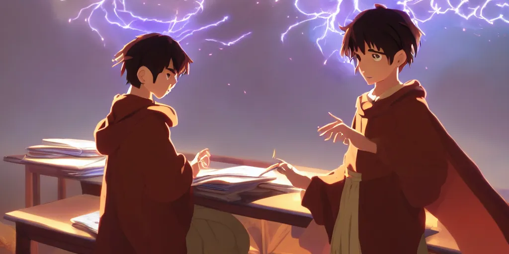 Image similar to a young boy mage with a brown cloak and brown hair is standing at his desk working on a new spell, colorful, flowing energy, light rays, anime boy, boy, consistent face, anime boy face, medium shot, waist up, pixar and disney animation, sharp, by greg rutkowski and makoto shinkai, bloom, dramatic lighting, cinematic