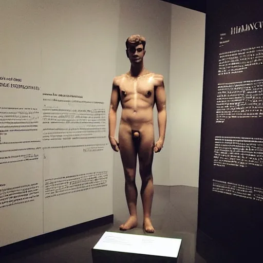 Image similar to “ a realistic detailed photo of a guy who is an attractive humanoid who is half robot and half humanoid, who is a male android, actor liam hemsworth, shiny skin, posing like a statue, blank stare, at the museum, on display ”