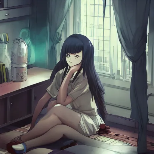 Image similar to concept art of the depressed student in her apartment, anime fantasy illustration by tomoyuki yamasaki, kyoto studio, madhouse, ufotable, trending on artstation