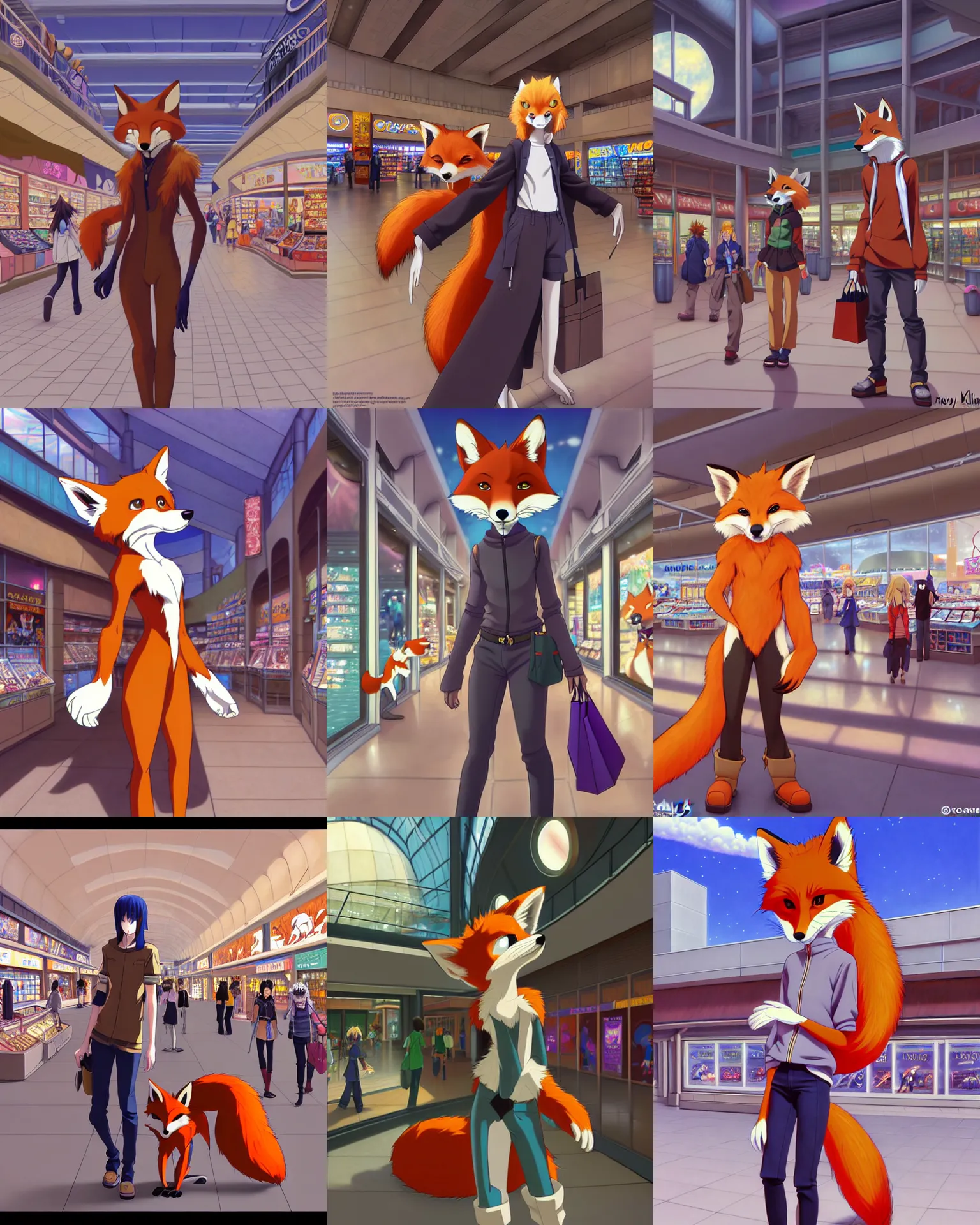 Prompt: anthro art commission of an anthropomorphic natural furry fox person shopping at a futuristic mall, photorealistic, detailed key anime art, makoto shinkai, james gurney, don bluth!!, disney!!, hibbary!!, dark natasha, goldenwolf, furaffinity, fursona, greg rutkowski