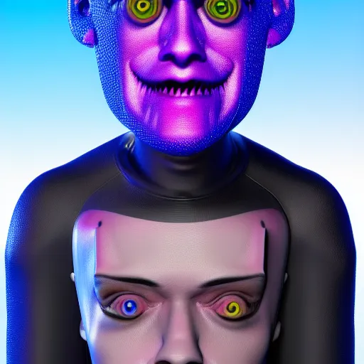 Prompt: a detailed 3 d render of a sad pete davidson poorly disguised as a cyborg in the style of junji ito and lisa frank, vray, 8 k, ornate, photorealistic, zbrush, unreal engine, cinema 4 d, octane renderer