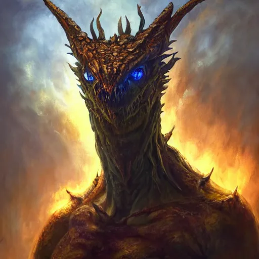 Image similar to oil painting of dragon forest, dnd character, fantasy, realistic textured skin, balrog head, glowing eyes, sharp focus, artgem, boris valejo, frank frazetta, heavy metal style, trending on artstation, digital painting, julie bell, beautiful, very detailed,