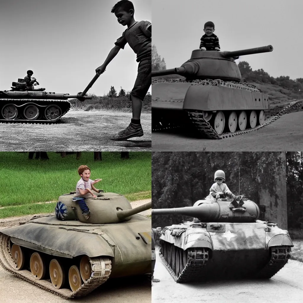 Prompt: a boy riding a tank