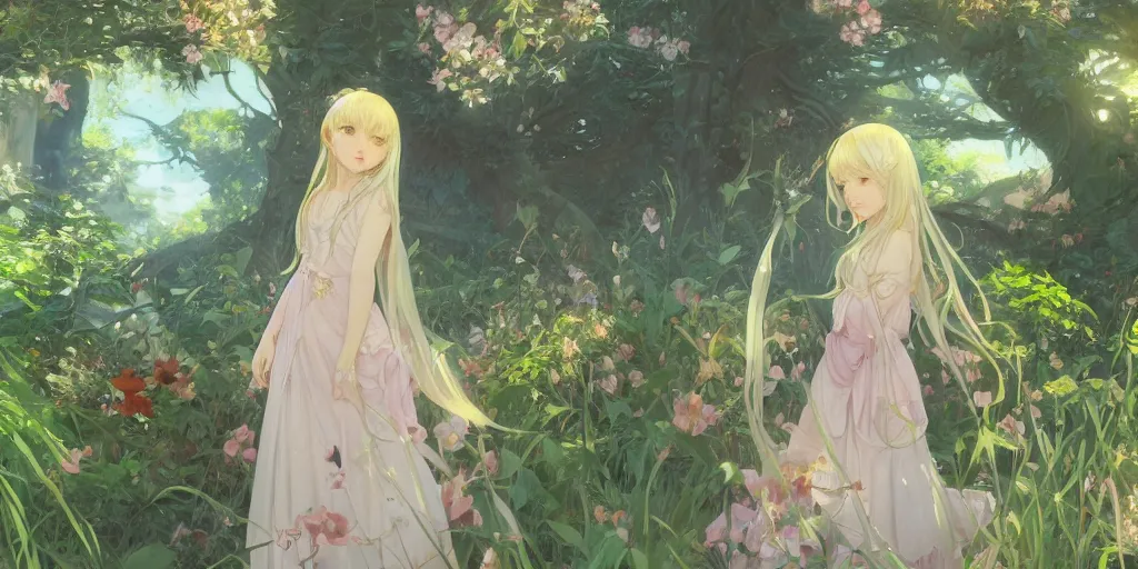 Image similar to a digital art of a loli with long hair in a dress in the privet garden at after noon, green and warm theme, back lighting, by krenz cushart and mucha and akihito yoshida and greg rutkowski and makoto shinkai, extremely long shot, detailed eyes, 4 k resolution, trending on art station