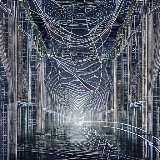 Prompt: sentient art deco city river by jeffrey smith and wlop and gustave dore, featuring rhodium wires, circuitry, code, binary, cryptonomicon, dmt entity, ambient occlusion, 3 d concept render, scientifically accurate, artstation, intricate, beautiful, look at that detail!