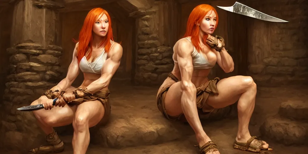 Prompt: ginger girl with problems, sitting and drinking in an ancien tavern and playing with a knife, attractive, warrior, strong body, action pose, ancient, sand, emerald, intricate, highly detailed, digital painting, artstation, concept art, smooth, sharp focus, illustration, Unreal Engine 5, 8K, art by artgerm and greg rutkowski and alphonse mucha