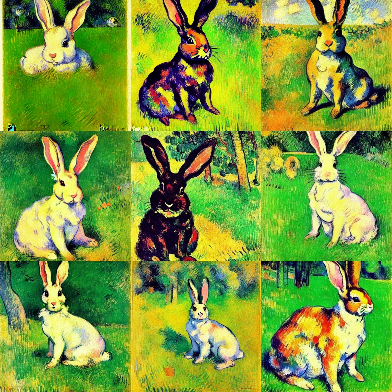 Prompt: beautiful cute portrait post - impressionist painting of a bunny in the grass, by henri de toulouse - lautrec, camille pissarro, paul cezanne, henri rousseau, vincent van gogh, henri - edmond