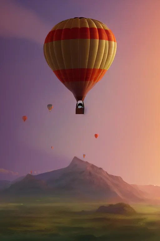 Prompt: sunrise mountain water hot air balloon digital art by amiyakinyu trending on artstation