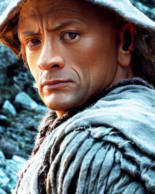 Image similar to Film still close-up shot of Dwayne Johnson as Bilbo Baggins from the movie The Hobbit. Photographic, photography