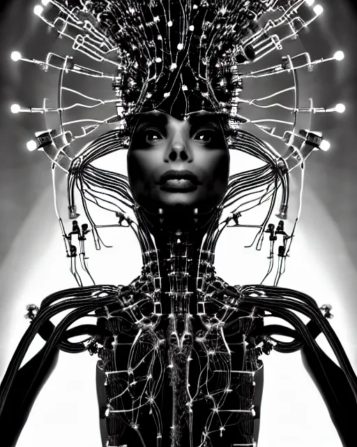 Image similar to black and white cyborg - plant goddess high quality photo, microchip, artificial intelligence, bio - mechanical bio - luminescence, black wired cables, neurons, nerve cells, cinematic, rim light, photo - realistic, high detail, 8 k, masterpiece, high fashion, in the style of steven meisel dora maar h. g. giger