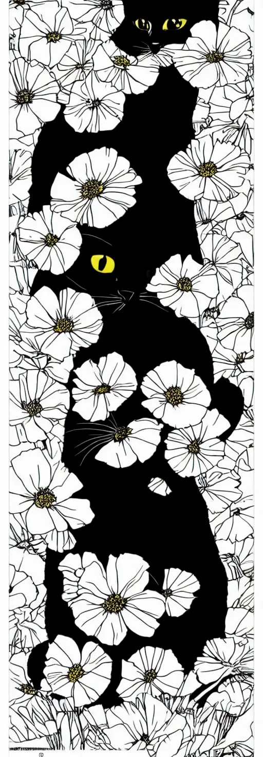 Prompt: black and white minimalist risograph poster of a cute cat sitting in california poppies