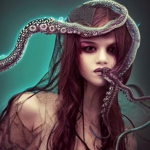 Image similar to Cthlulu lovecraftian eldritch profile pic, lace veil, magazine photoshoot, tentacles, glow galaxy background,