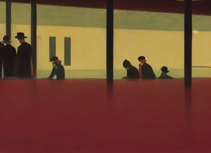 Image similar to conveyor belt with people in a flooded warehouse Edward Hopper and James Gilleard, Zdzislaw Beksinski, highly detailed