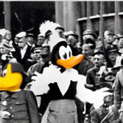 Image similar to historic colorized photograph of donald duck at a nazi parade in 1 9 3 6