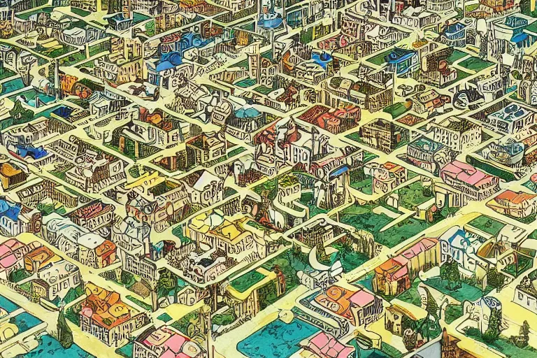 Prompt: an elaborate and dense painting of a future neighborhood, made of alcohol ink on parchment, by wes anderson and geoff darrow