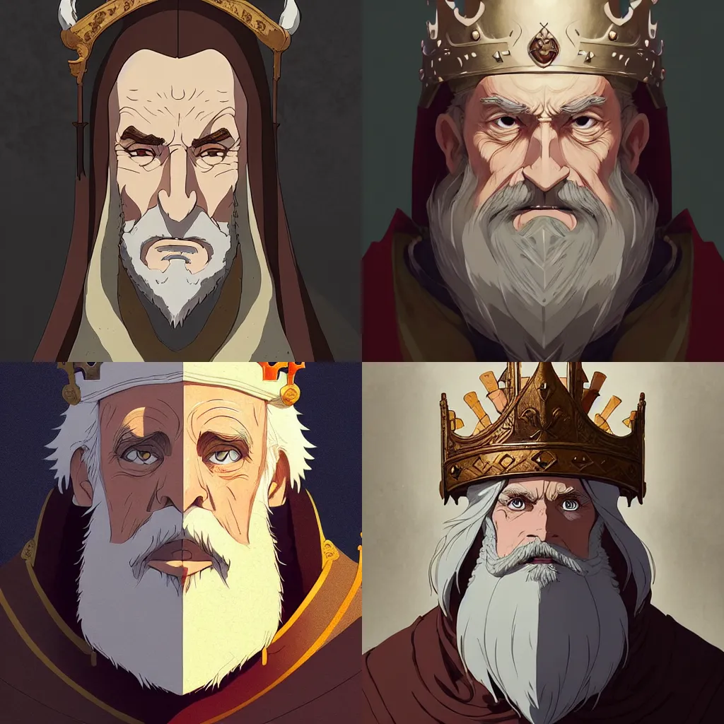 Prompt: portrait of medieval old king, artstation cartoon elegant highly detailed digital painting, concept art, smooth, sharp focus, illustration, art studio ghibli, makoto shinkai, don bluth, fujita goro, jean giraud, atey ghailan, akihiko yoshida, tom whalen, fadeev