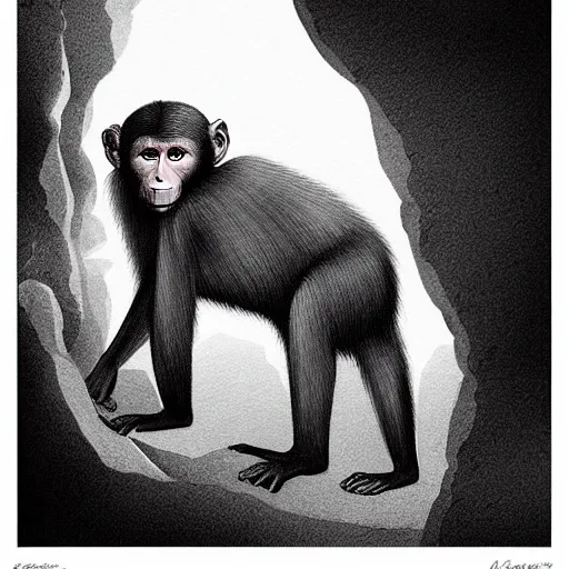 Image similar to two macaques looking at each other inside ancient cave, digital art, soft shadows, creepy art, drawn by shadman