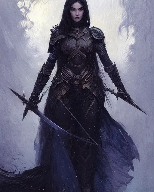 Image similar to a beautiful woman dark hair in an armor with dark eyes, perfect body, perfect face, highly detailed, elegant, dark blue, ethereal horror fantasy art by greg rutkowski and magali villeneuve and claude monet