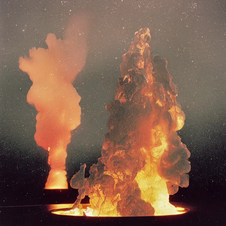 Prompt: A transparent glass Volcano violently spewing lava into space, dark background, photograph by William Eggleston