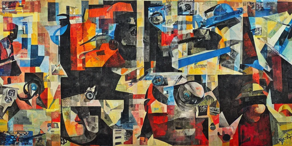 Image similar to bank robbery collage, acrylic on canvas, expressionism movement, breathtaking detailed, by blake neubert