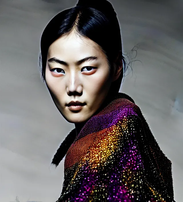 Image similar to photography facial portrait of liu wen, natural background, natural pose, wearing stunning cape by iris van herpen, with a colorfull makeup. highly detailed, skin grain detail, photography by paolo roversi, nick knight, helmut newton, avedon, araki