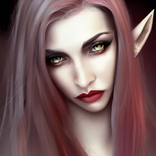 Image similar to Digital portrait of a beautiful half-elf half-vampire young woman. Her hair have black and white strands. Red irises, vertical pupils. Award-winning digital art, trending on ArtStation