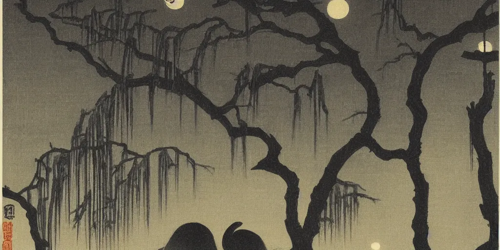 Prompt: savannah at night by ohara koson, 1 9 1 0