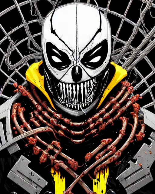 Image similar to highly detailed closeup portrait of a cyborg carnage symbiote in deadpool suit with skeleton skull face, black hoodie by atey ghailan, by greg rutkowski, by greg tocchini, by james gilleard, by joe fenton, by kaethe butcher, gradient, yellow, black, brown and white color scheme, grunge aesthetic!!! black graffiti tag wall background