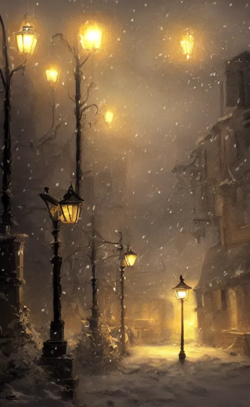 Image similar to a blurry ambient lantern in the distance of a snowy village at night, dynamic lighting, ambient lighting, atmospherical, photorealistic fantasy concept art, trending on art station, stunning visuals, creative, cinematic, ultra detailed