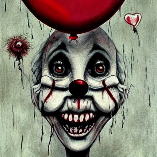 Prompt: grunge painting of the conjuring with a wide smile and a red balloon by chris leib, loony toons style, pennywise style, corpse bride style, horror theme, detailed, elegant, intricate