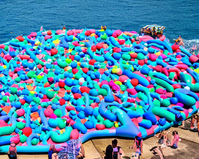 Prompt: a long shot of a giant award winning sculpture made out of tons of inflatable pool toys in the shape of a human head, on the surface of the ocean, in the style of chad knight, hyper detailed, hyper realistic, ray tracing, 8 k resolution, sharp focus, realistic water