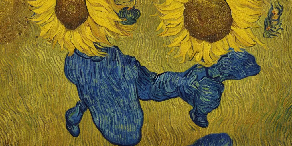 Image similar to an oil painting of van gogh is painting in a sunflower filed, by van gogh