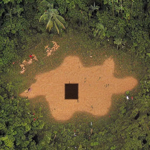 Prompt: aerial hd photograph of a uncontacted crowd of african congo tribe looking into camera, golden pyramid