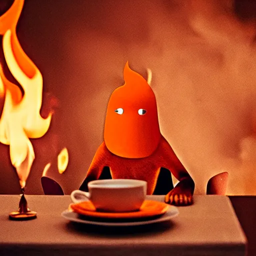 Image similar to a photograph of an orange humanlike dog in his house, sitting relaxed at a table, ☕ on the table, surrounded by flames and fire, smoke above him