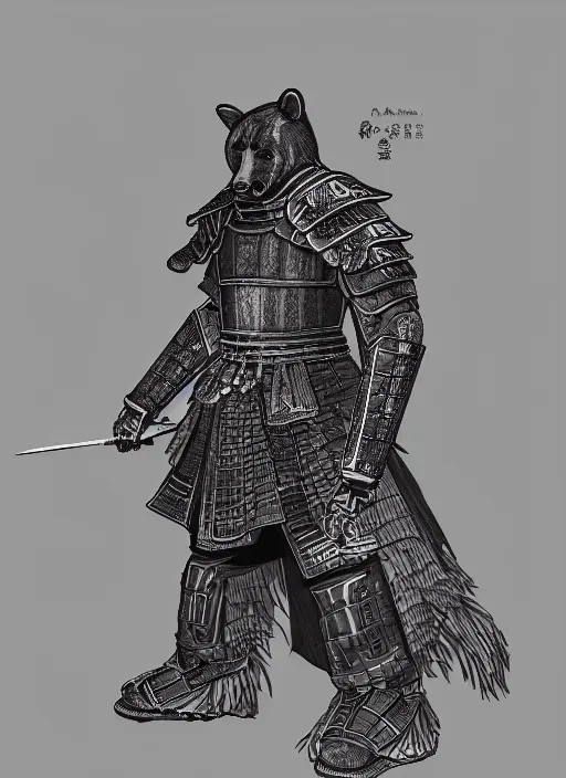 Prompt: a full body portrait of a fully armored samurai Asian black bear, intricate, elegant, highly detailed, digital painting, artstation, concept art, smooth, sharp focus, illustration