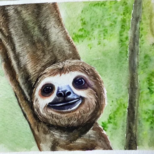 Image similar to A realistic watercolour painting of a sloth in a tree, fine detail, washed out background
