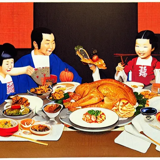 Image similar to normal rockwell's thanksgiving dinner illustration with japanese food. normal rockwell style. illustration. high quality.